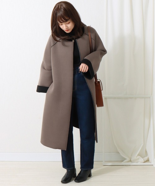 コートアウターボンディング秋冬ゆったりボタンレスゆったりノーカラーカジュアルオフィス libelle more（リベル モア）の「ボンディングノーカラーコート（ノー