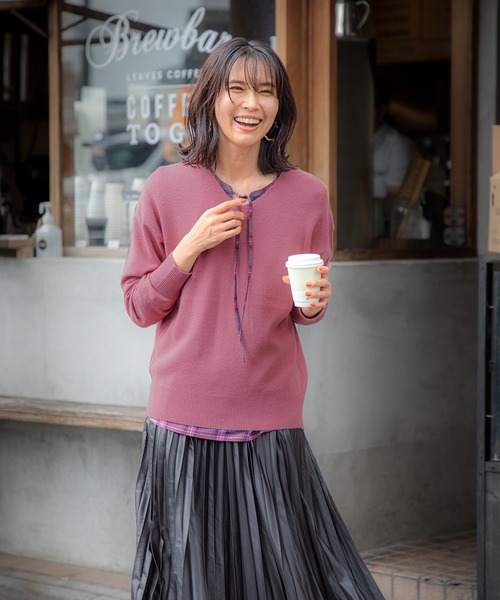 Petit Honfleur(プチオンフルール)の「畦編みVネックプルオーバー(ニット/セーター・レディース・ベージュ/ピンク/サックスブルー/グレー・L/M)」の16枚目の写真