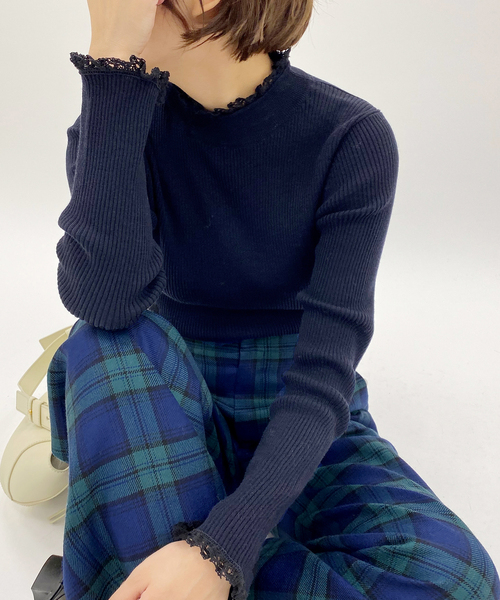 セール】ファインウールレースツキハイネックリブプルオーバー