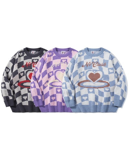 セール】【HOOK】ハートと市松模様ニット風スウェット（ニット