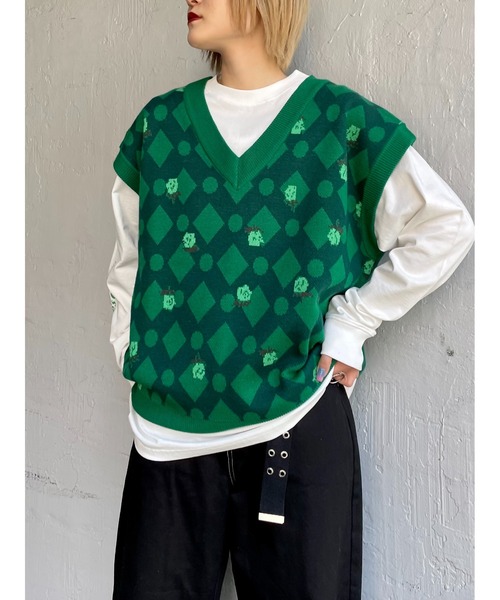 PBLIM（ページボーイリム）の「【PAGEBOYLIM】フラワーVネックベスト（ベスト・レディース・ブラック/グリーン・MEDIUM/LARGE）」の2枚目の写真