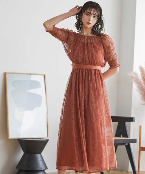 niana(ニアナ)の「総レースパフスリーブパーティーロングドレス(ドレス・レディース・ブラック/オレンジ/グリーン・M)」の4枚目の写真