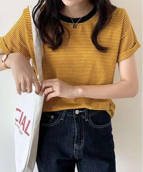 AMELY(エミリー)の「クルーネック細ボーダーTシャツ(Tシャツ/カットソー・レディース・イエロー/ブラック/グリーン・M/L)」の5枚目の写真