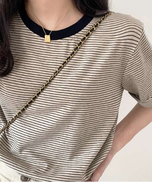 AMELY(エミリー)の「クルーネック細ボーダーTシャツ(Tシャツ/カットソー・レディース・イエロー/ブラック/グリーン・M/L)」の14枚目の写真