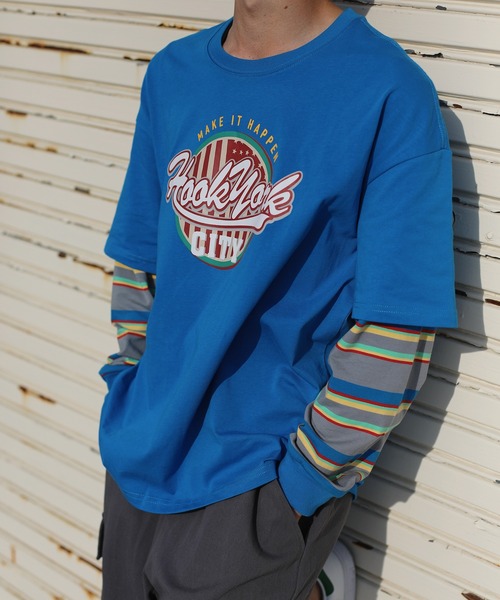 HOOK(フック)の「HOOK -original- アメカジロゴプリントボーダー袖切り替えロングTEE(Tシャツ/カットソー・メンズ・ブラック/ベージュ/ネイビー/グリーン・M/L/XL)」の4枚目の写真