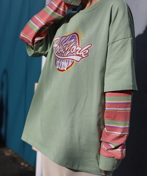 HOOK(フック)の「HOOK -original- アメカジロゴプリントボーダー袖切り替えロングTEE(Tシャツ/カットソー・メンズ・ブラック/ベージュ/ネイビー/グリーン・M/L/XL)」の3枚目の写真