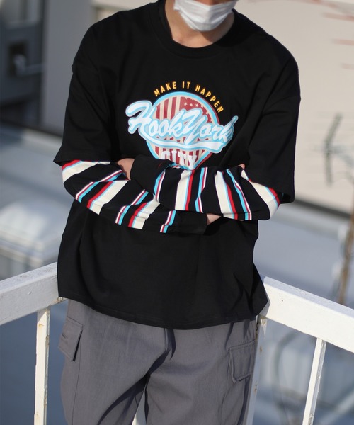 HOOK(フック)の「HOOK -original- アメカジロゴプリントボーダー袖切り替えロングTEE(Tシャツ/カットソー・メンズ・ブラック/ベージュ/ネイビー/グリーン・M/L/XL)」の2枚目の写真