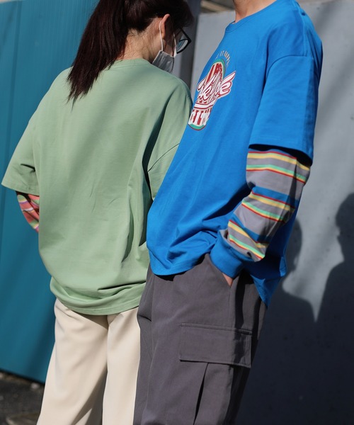 HOOK(フック)の「HOOK -original- アメカジロゴプリントボーダー袖切り替えロングTEE(Tシャツ/カットソー・メンズ・ブラック/ベージュ/ネイビー/グリーン・M/L/XL)」の9枚目の写真