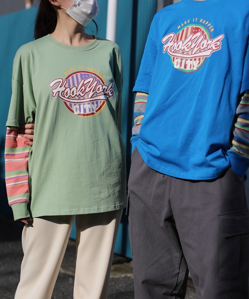HOOK(フック)の「HOOK -original- アメカジロゴプリントボーダー袖切り替えロングTEE(Tシャツ/カットソー・メンズ・ブラック/ベージュ/ネイビー/グリーン・M/L/XL)」の11枚目の写真