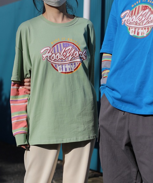 HOOK(フック)の「HOOK -original- アメカジロゴプリントボーダー袖切り替えロングTEE(Tシャツ/カットソー・メンズ・ブラック/ベージュ/ネイビー/グリーン・M/L/XL)」の12枚目の写真