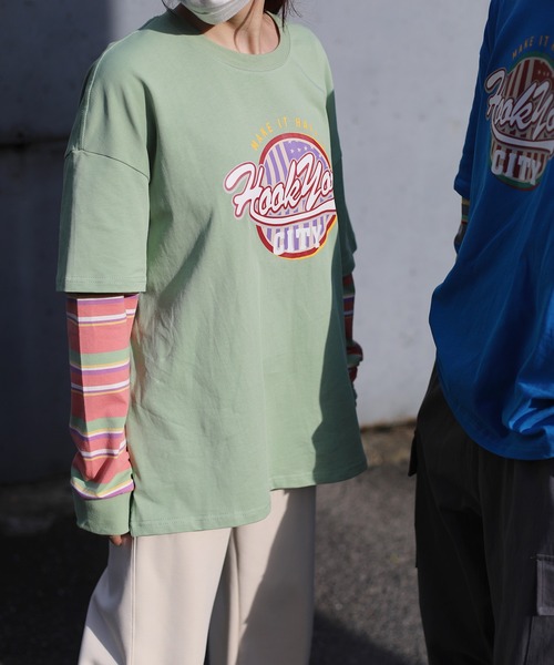 HOOK(フック)の「HOOK -original- アメカジロゴプリントボーダー袖切り替えロングTEE(Tシャツ/カットソー・メンズ・ブラック/ベージュ/ネイビー/グリーン・M/L/XL)」の15枚目の写真