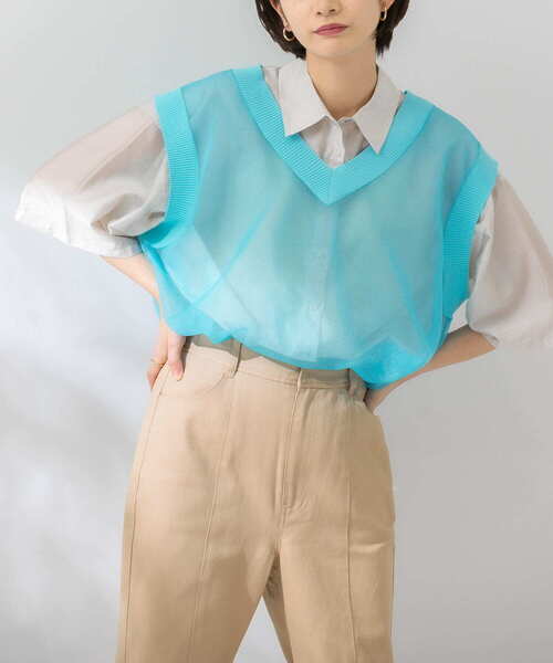 KBF（ケイビーエフ）の「シアーガラスニットベスト（ニット/セーター・レディース・ブルー/アイボリー/ライトピンク・ONE）」の19枚目の写真