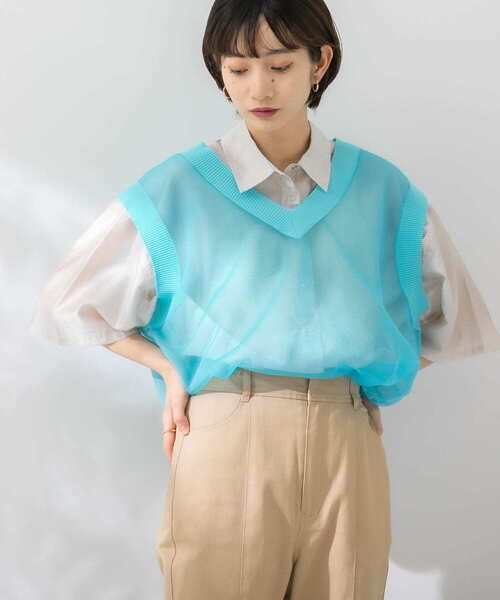 KBF（ケイビーエフ）の「シアーガラスニットベスト（ニット/セーター・レディース・ブルー/アイボリー/ライトピンク・ONE）」の21枚目の写真