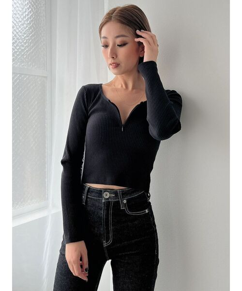 GYDA（ジェイダ）の「BOUJEEサイドライン ハーフジップトップス（Tシャツ/カットソー・レディース・オフホワイト/ブラック・FREE）」の7枚目の写真