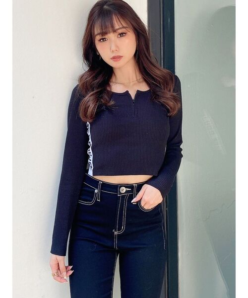 GYDA（ジェイダ）の「BOUJEEサイドライン ハーフジップトップス（Tシャツ/カットソー・レディース・オフホワイト/ブラック・FREE）」の15枚目の写真