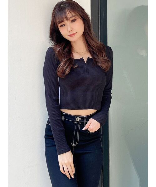 GYDA（ジェイダ）の「BOUJEEサイドライン ハーフジップトップス（Tシャツ/カットソー・レディース・オフホワイト/ブラック・FREE）」の19枚目の写真