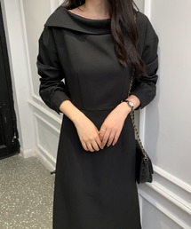 無地&ドット柄デザイン襟ロングワンピース