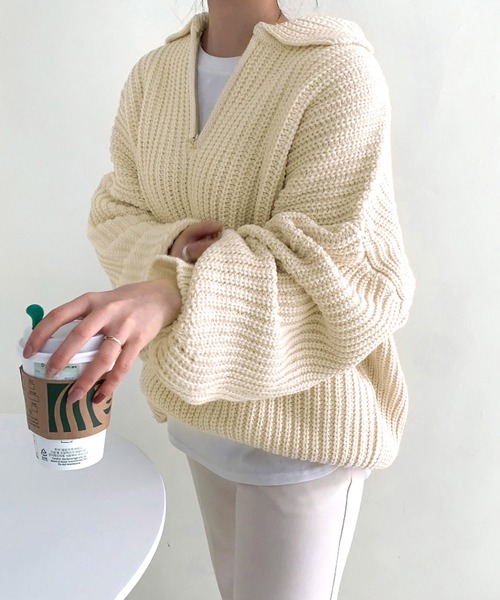 Dita Muaj.（ディータムアージュ）の「ドロップショルダーハーフジップボリュームニット（ニット/セーター・レディース・アイボリー/ネイビー/グレー・FREE）」の7枚目の写真