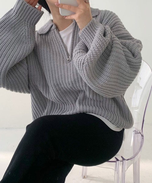 Dita Muaj.（ディータムアージュ）の「ドロップショルダーハーフジップボリュームニット（ニット/セーター・レディース・アイボリー/ネイビー/グレー・FREE）」の6枚目の写真