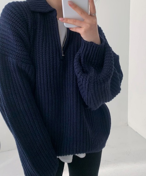 Dita Muaj.（ディータムアージュ）の「ドロップショルダーハーフジップボリュームニット（ニット/セーター・レディース・アイボリー/ネイビー/グレー・FREE）」の8枚目の写真