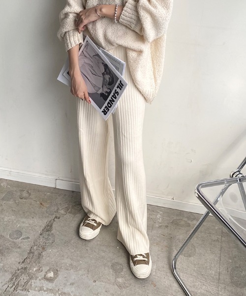 Futier land（フューティアランド）の「カラーワイドリブニットパンツ（その他パンツ・レディース・ホワイト/グリーン/ブラウン/グレイッシュベージュ・FREE）」の3枚目の写真