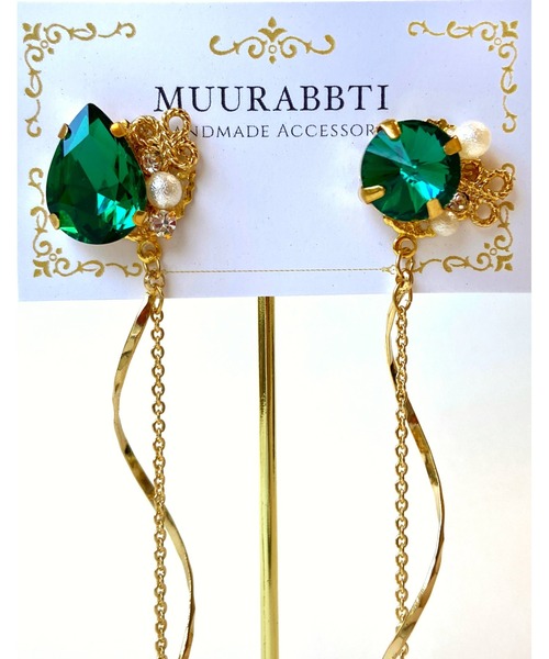 tone(トーン)の「【MUURABBTI】ビジューチェーンピアス(MA)(ピアス(両耳用)・レディース・ブルー系/グリーン系/エメラルド・FREE)」の5枚目の写真