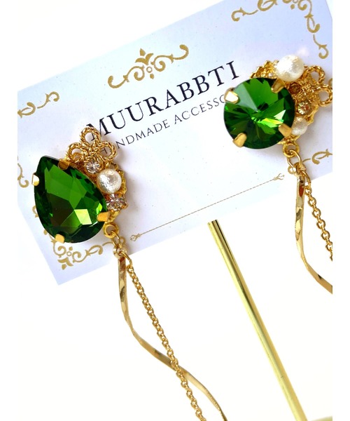 tone(トーン)の「【MUURABBTI】ビジューチェーンピアス(MA)(ピアス(両耳用)・レディース・ブルー系/グリーン系/エメラルド・FREE)」の8枚目の写真