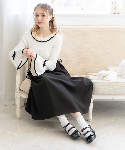 フレアスリーブミニリボンリブニットトップス（ニット/セーター