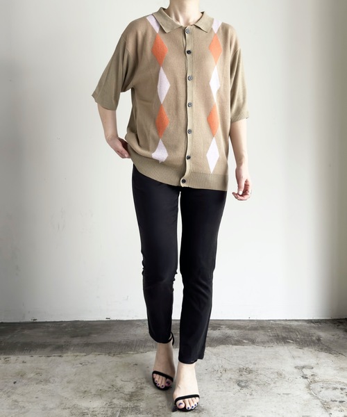 COMMON WARE(コモンウェアー)の「COMMONWARE:ダイヤ柄ニットポロ カーディガン S/S(ポロシャツ・レディース・ブラック/グリーン/ベージュ・L/XL/M)」の1枚目の写真
