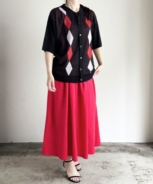 COMMON WARE(コモンウェアー)の「COMMONWARE:ダイヤ柄ニットポロ カーディガン S/S(ポロシャツ・レディース・ブラック/グリーン/ベージュ・L/XL/M)」の6枚目の写真