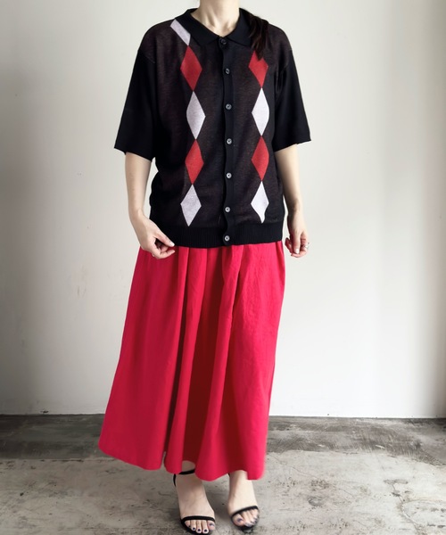 COMMON WARE(コモンウェアー)の「COMMONWARE:ダイヤ柄ニットポロ カーディガン S/S(ポロシャツ・レディース・ブラック/グリーン/ベージュ・L/XL/M)」の7枚目の写真