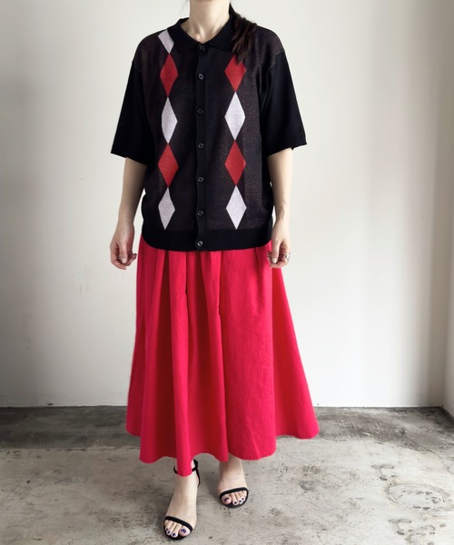 COMMON WARE(コモンウェアー)の「COMMONWARE:ダイヤ柄ニットポロ カーディガン S/S(ポロシャツ・レディース・ブラック/グリーン/ベージュ・L/XL/M)」の8枚目の写真