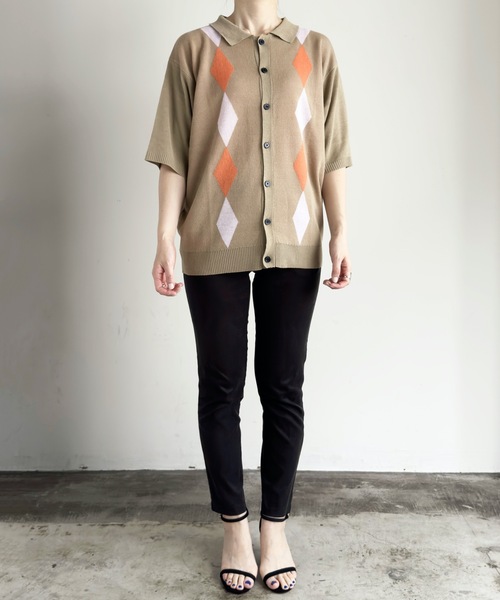 COMMON WARE(コモンウェアー)の「COMMONWARE:ダイヤ柄ニットポロ カーディガン S/S(ポロシャツ・レディース・ブラック/グリーン/ベージュ・L/XL/M)」の9枚目の写真