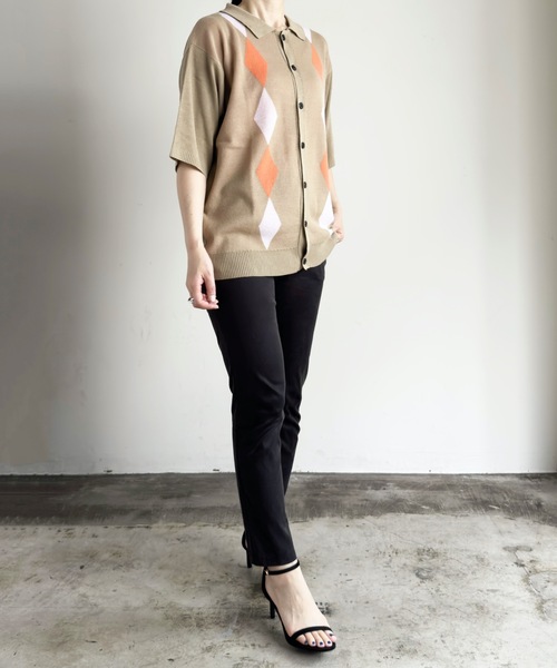 COMMON WARE(コモンウェアー)の「COMMONWARE:ダイヤ柄ニットポロ カーディガン S/S(ポロシャツ・レディース・ブラック/グリーン/ベージュ・L/XL/M)」の11枚目の写真