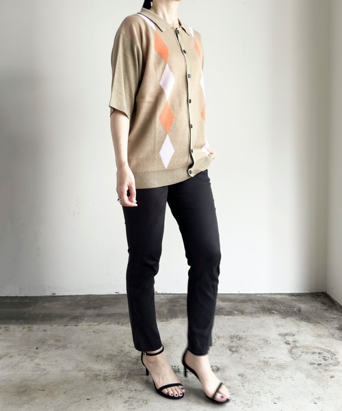 COMMON WARE(コモンウェアー)の「COMMONWARE:ダイヤ柄ニットポロ カーディガン S/S(ポロシャツ・レディース・ブラック/グリーン/ベージュ・L/XL/M)」の12枚目の写真