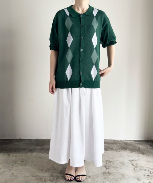 COMMON WARE(コモンウェアー)の「COMMONWARE:ダイヤ柄ニットポロ カーディガン S/S(ポロシャツ・レディース・ブラック/グリーン/ベージュ・L/XL/M)」の16枚目の写真