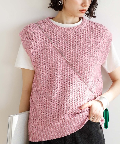 GeeRA(ジーラ)の「ミックスカラーメッシュニットトップス(ニット/セーター・レディース・ピンク/グリーン/ベージュ・LARGE/MEDIUM)」の1枚目の写真