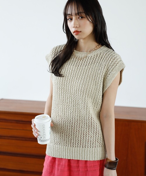GeeRA(ジーラ)の「ミックスカラーメッシュニットトップス(ニット/セーター・レディース・ピンク/グリーン/ベージュ・LARGE/MEDIUM)」の4枚目の写真