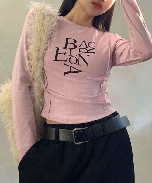 me+em select(ミームセレクト)の「BACロゴレタリングスリムラインTシャツ(Tシャツ/カットソー・レディース・ホワイト/ブラウン/ピンク/グレー/ブラック・FREE/LARGE)」の5枚目の写真