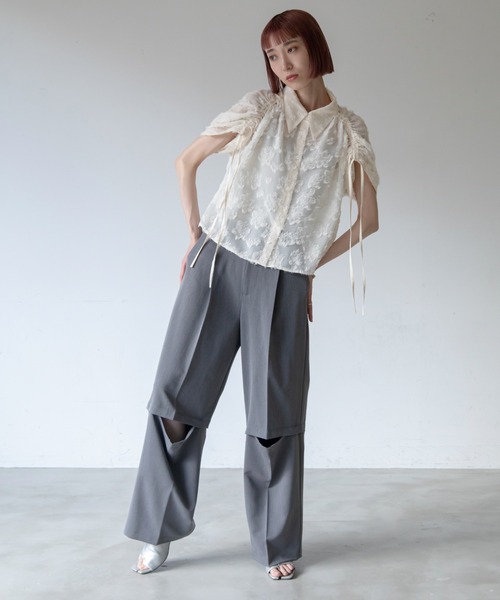 VACANCY（ヴァカンシー）の「ドロストジャガードシアーシャツ（シャツ/ブラウス・レディース・アイボリー/ネイビー/グリーン・FREE）」の5枚目の写真