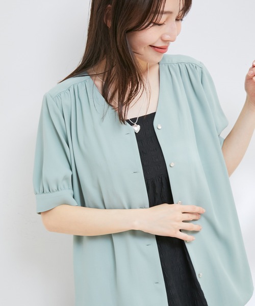 VIS(ビス)の「【防シワ・洗える】Vネック半袖ブラウス(シャツ/ブラウス・レディース・ホワイト系その他/グリーン系その他/ネイビー/ホワイト/ピンク・FREE)」の9枚目の写真