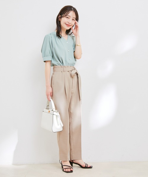 Theory 20aw Vネック半袖ブラウス Vネックパイピング配色ブラウス【半袖】【接触冷感】 (ABL25318-10
