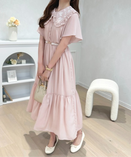 最終値下げ10日まで出品 ティアードワンピース、スカーフ、ぬいぐるみコサージュ 予約商品】ヴィンテージスカーフ柄ティアードミディアムワンピース（紐