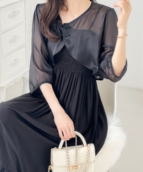 ECLIN(エクラン)の「チャイナボタンシアーブラウス&シャーリングキャミワンピース(ワンピース・レディース・ブラック/ベージュ/ライトグリーン・M/L)」の14枚目の写真