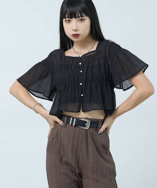 PAGEBOY(ページボーイ)の「シャーリングミニショートスリーブブラウス(シャツ/ブラウス・レディース・クリーム/ブラック/マスタード/オフホワイト・FREE)」の8枚目の写真