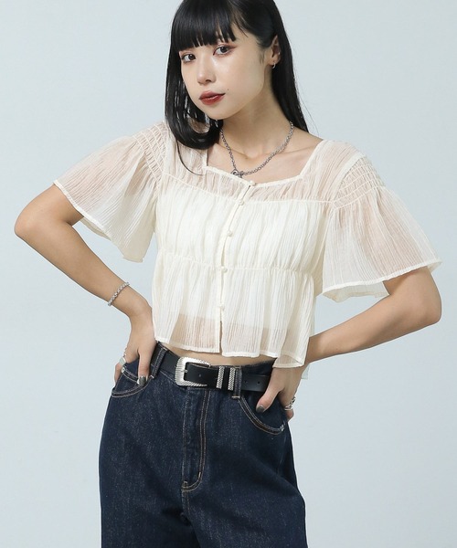 PAGEBOY(ページボーイ)の「シャーリングミニショートスリーブブラウス(シャツ/ブラウス・レディース・クリーム/ブラック/マスタード/オフホワイト・FREE)」の5枚目の写真