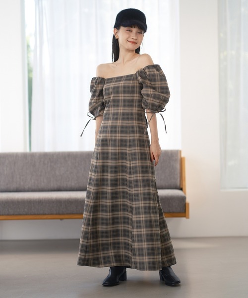 one after another NICE CLAUP（ワンアフターアナザーナイスクラップ）の「バックレースアップフレアワンピース（ワンピース・レディース・パープル/チェック/ブラック/杢グレー・FREE）」の5枚目の写真