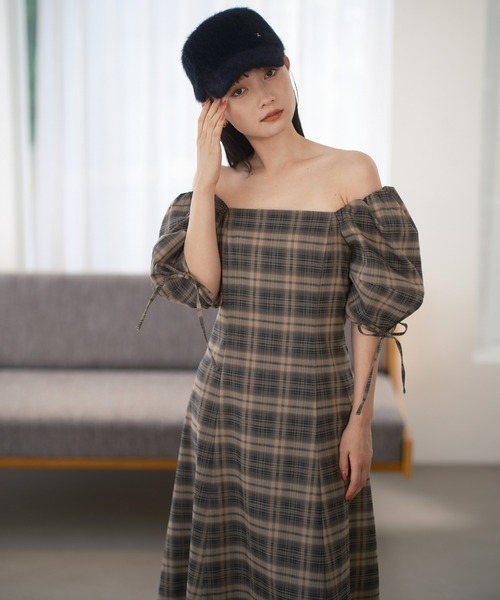 one after another NICE CLAUP（ワンアフターアナザーナイスクラップ）の「バックレースアップフレアワンピース（ワンピース・レディース・パープル/チェック/ブラック/杢グレー・FREE）」の9枚目の写真