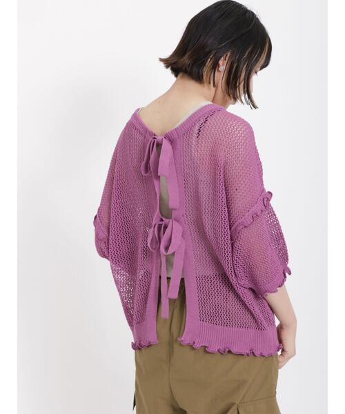 Samansa Mos2(サマンサ モスモス)の「麻タッチメッシュ編み前後着カーディガン(カーディガン/ボレロ・レディース・ブラック/パープル/グレー・F)」の1枚目の写真