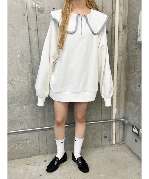 PHILLY（フィリー）の「【PHILLY】パイピングビッグカラーハーフジップスウェット（スウェット・レディース・グレー/ホワイト/ブラック・FREE）」の12枚目の写真